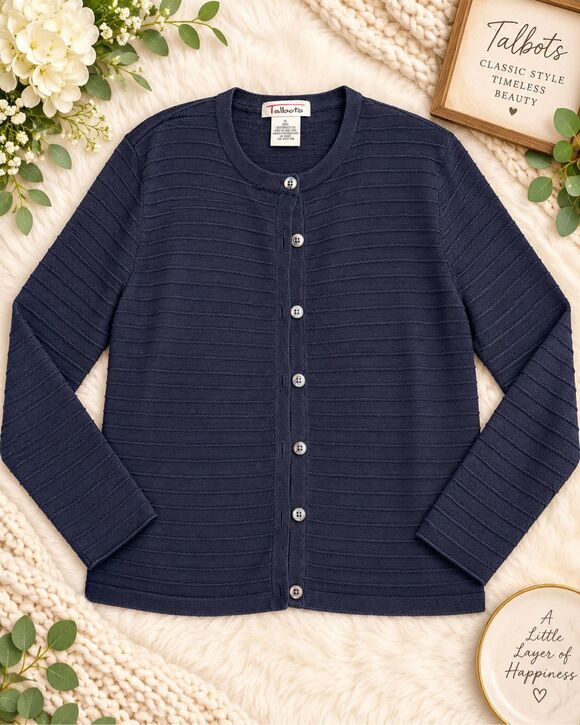 Talbots Tops - Talbots Women’s XL Navy Blue 100% Cotton Textured Knit Button Cardigan Sweater